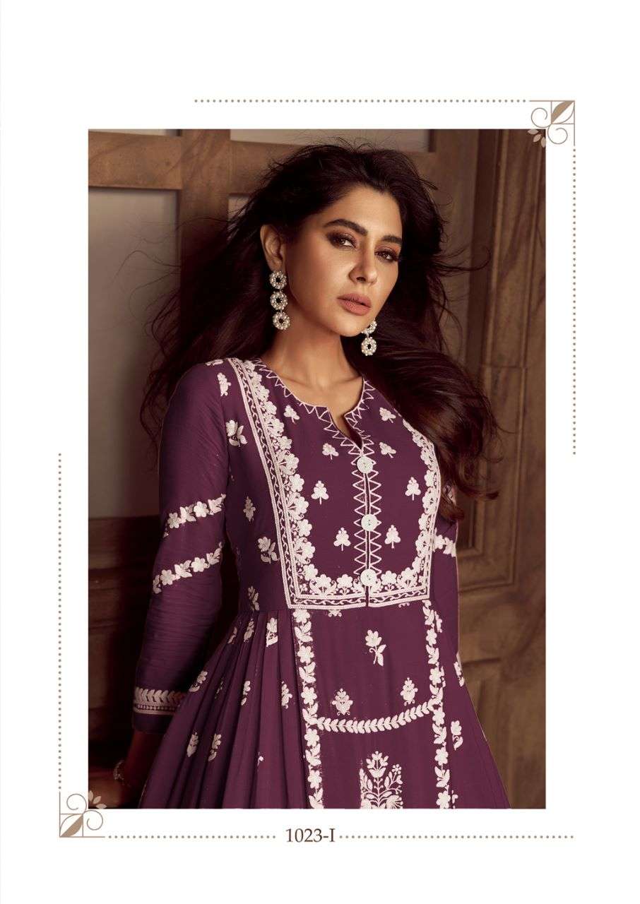 LAKHNAWI VOL 4 DARK COLOR HEAVY REYON WHITE THREAD EMBROIDERY WORK NAYRA CUT KURTI WITH PLAZZO AND NAZMIN DUPATTA BY VAMIKA BRAND 1023 I C